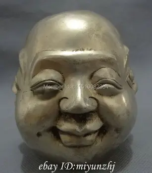 

Chinese Silver 4 Face Xi Nu Ai Le Happy Laugh Maitreya Buddha Head Statue Brass