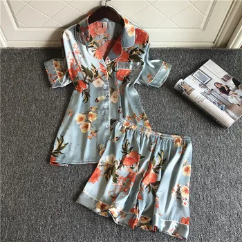 

New Women Silk Pajamas Sets With Shorts Sexy Satin Flower Print Summer Pyjama Nightsuits Pajamas For Women