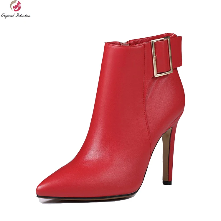 

Original Intention Fashion Women Ankle Boots Cow Leather Pointed Toe Thin Heels Boots Black Nude Red Shoes Woman US Size 3-9.5