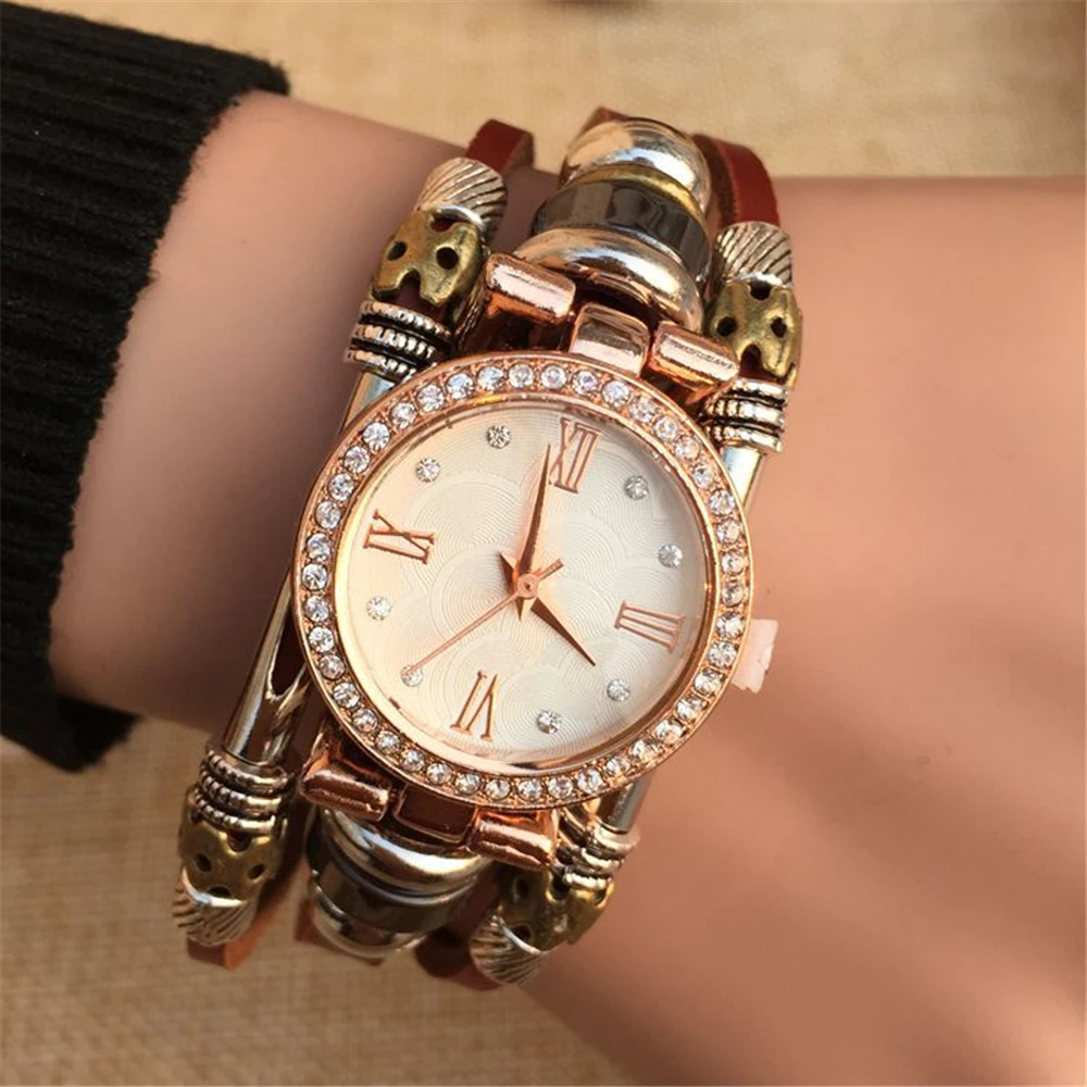 

BRT0091 Women Lady Girls Fashion Vintage Watches Bracelet Wristwatches Layer Bracelet With Bling Rhinestone