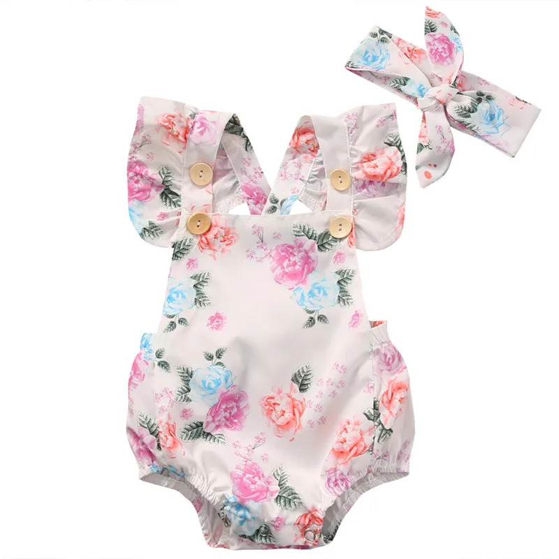 2pcs/Set Summer 2018 Cute Infant Baby Girls Floral Sleeveless Romper +Headband Summer Sunsuit Clothes Baby Costume 0-24M