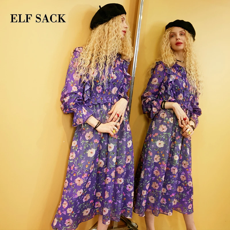 Koop ELF zak Herfst Nieuwe Vrouw Jurk Toevallige Rechte Bloemenprint Volledige Ruches Vrouwen Chiffon Jurken Halverwege de Kuit O hals Femme vestido