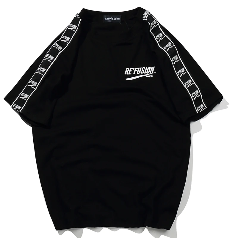 Aelfric Eden Футболка мужская хип-хоп с принтом ленты короткий рукав японская футболка повседневные хлопковые топы футболки Harajuku уличная рубашка - Цвет: Черный