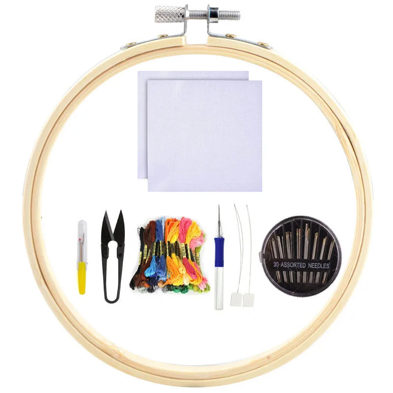 

Embroidery Kit Skeins Hoop Frame Cloth Hook Sewing Needles Punch Pen Thread Scissors Stitching Knitting Cross Stitch Embroidery