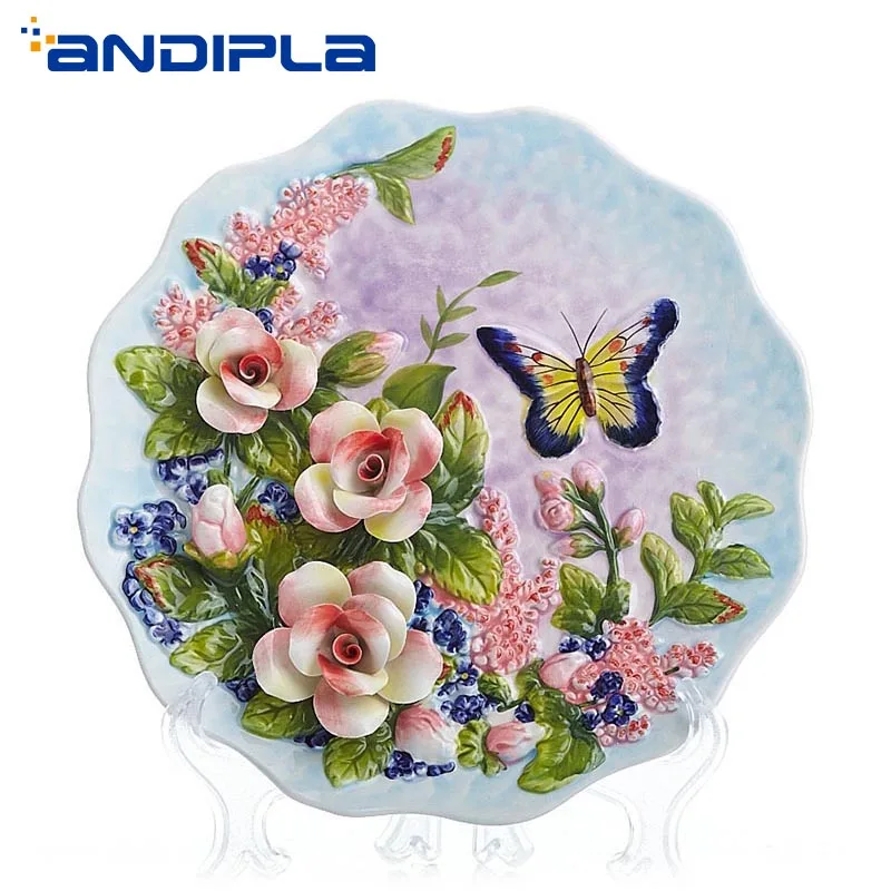

8 inch Pastoral Style Ceramic Decoration Plate European Home Adornment Wall Hanging Plate Emboss Flower Butterfly Dish Ornaments
