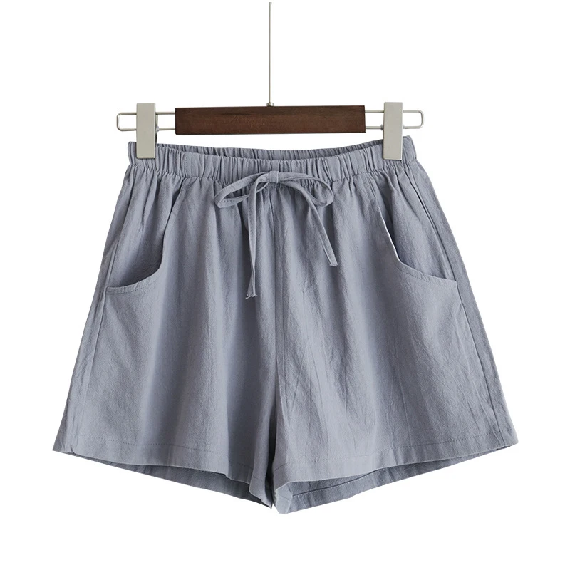 Plegie/летние женские шорты из хлопка и льна, женские брюки, женские эластичные свободные повседневные шорты с карманами - Цвет: Gray