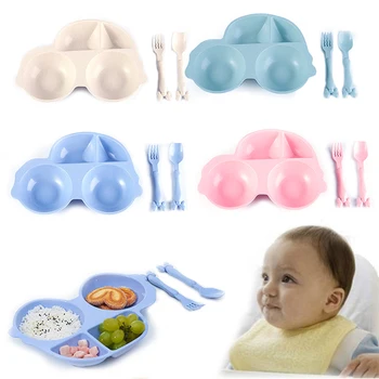 

3pcs Children's Tableware Set Bowl+Spoon+ Fork Wheat Straw Material Car Shape Baby Anti-scald Drop Resistance Tableware for Kids