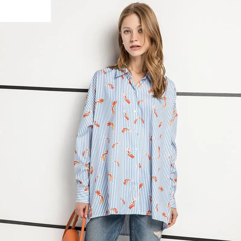 Women Blouse Summer 2017 New Small Goldfish Printing Europe America Fashion Casual Knitted Cardigan Chiffon Elegant High Quality