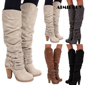 Women's Boots Round Toe Block Heel Knee Boots Ankle Strap Decorate Big Size US 4-17 Support Custom Boots Women's Boots Round Toe Block Heel Knee Boots Ankle Strap Decorate Big Size US 4-17 Support Custom Boots
