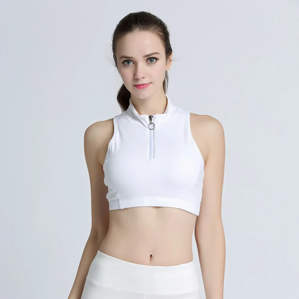 Women Sleeveless Crop Top Bras Standing Collar Zip Workout Activewear