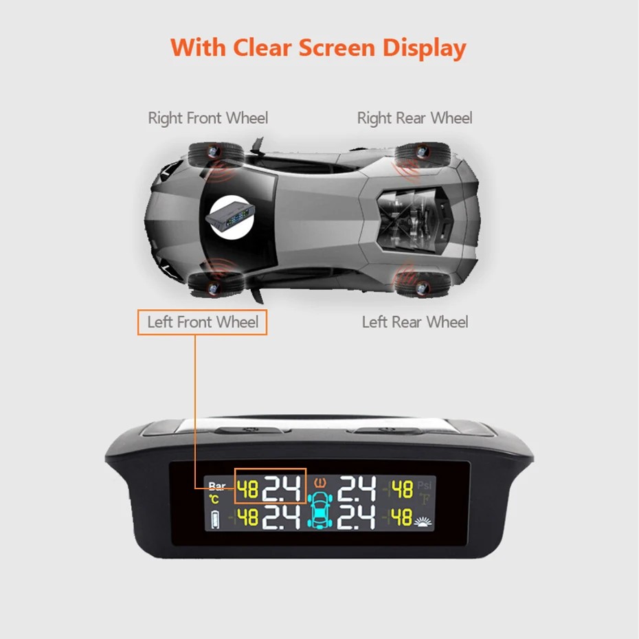 2018 Newest TPMS Tire Pressure Alarm System With 4 Sensors Solar Energy Tire Monitor Wireless Car Tire Alarm TPMS Solar Power