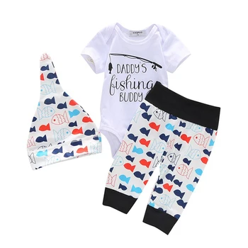 

Baby Girl Sets Newborn Boy Clothes Daddy's Fishing Buddy Print Bodysuit Tops Long Pants Hat Outfits 0-24M Cute 3PCS