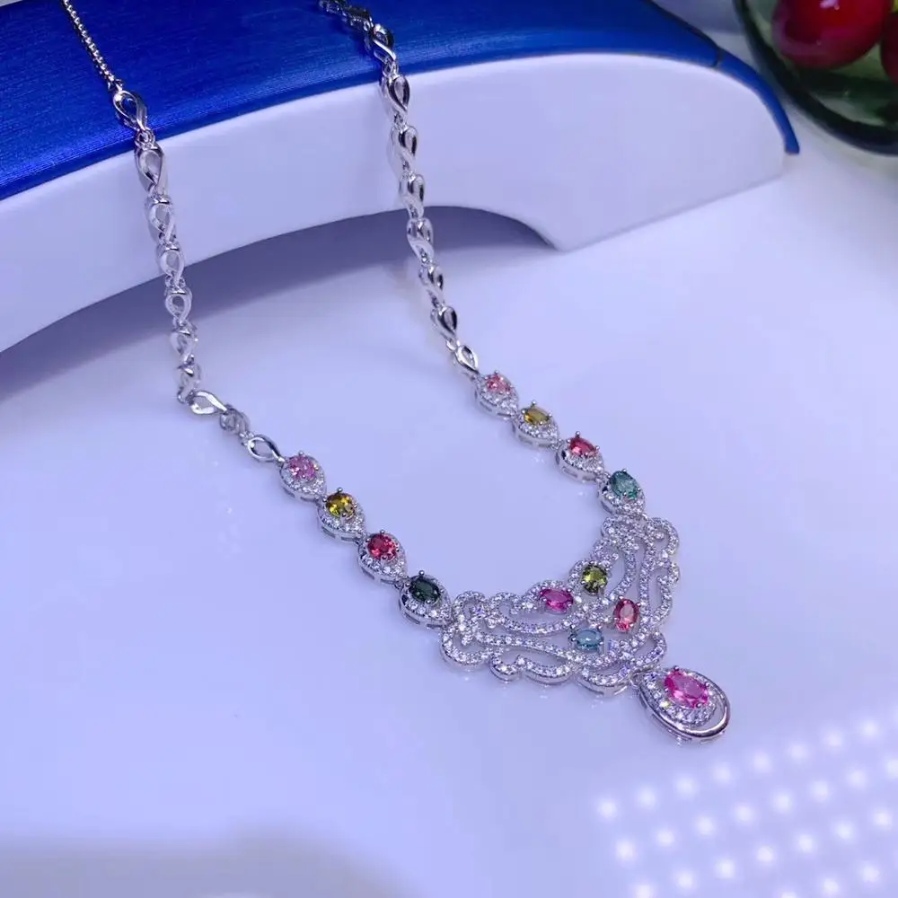 Hongkong designer latest design natural tourmaline necklace, multi color, 925 silver high-end color treasure Hongkong designer latest design natural tourmaline necklace, multi color, 925 silver high-end color treasure