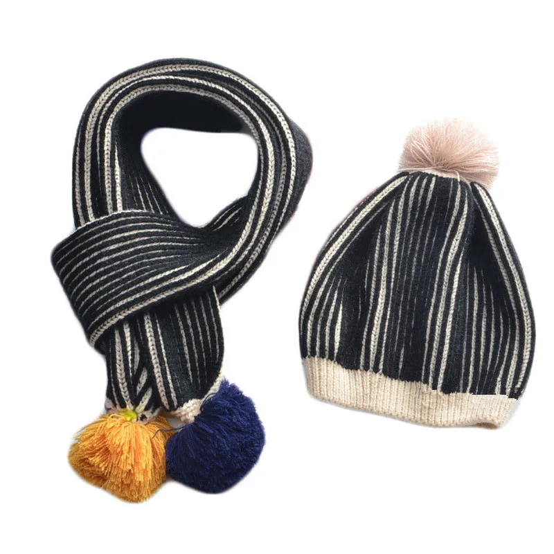 Fashion Knitted Ball Hat Scarves Children Pom Pom Hats Caps Autumn Winter Warm Baby Beanies New Boys And Girls Hat Scarf Set 