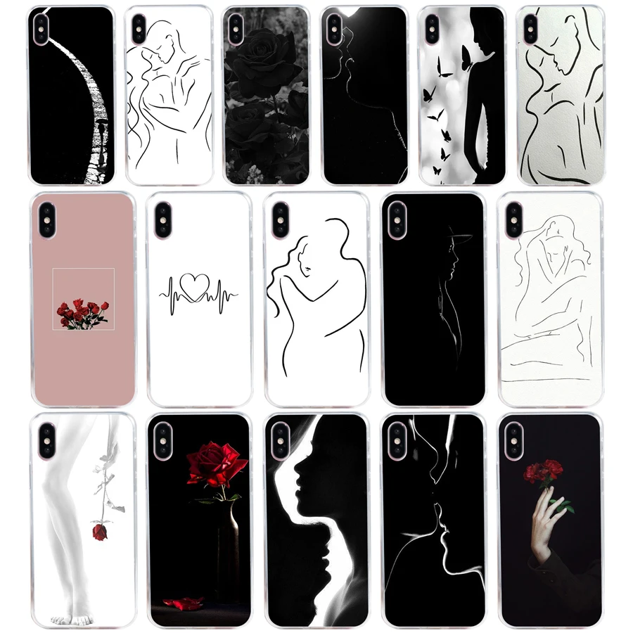 

242H Art White Line Kiss Love Heart Flower Rose Soft Silicone Tpu Cover phone Case for iphone 5 5s se X XR XS Max case