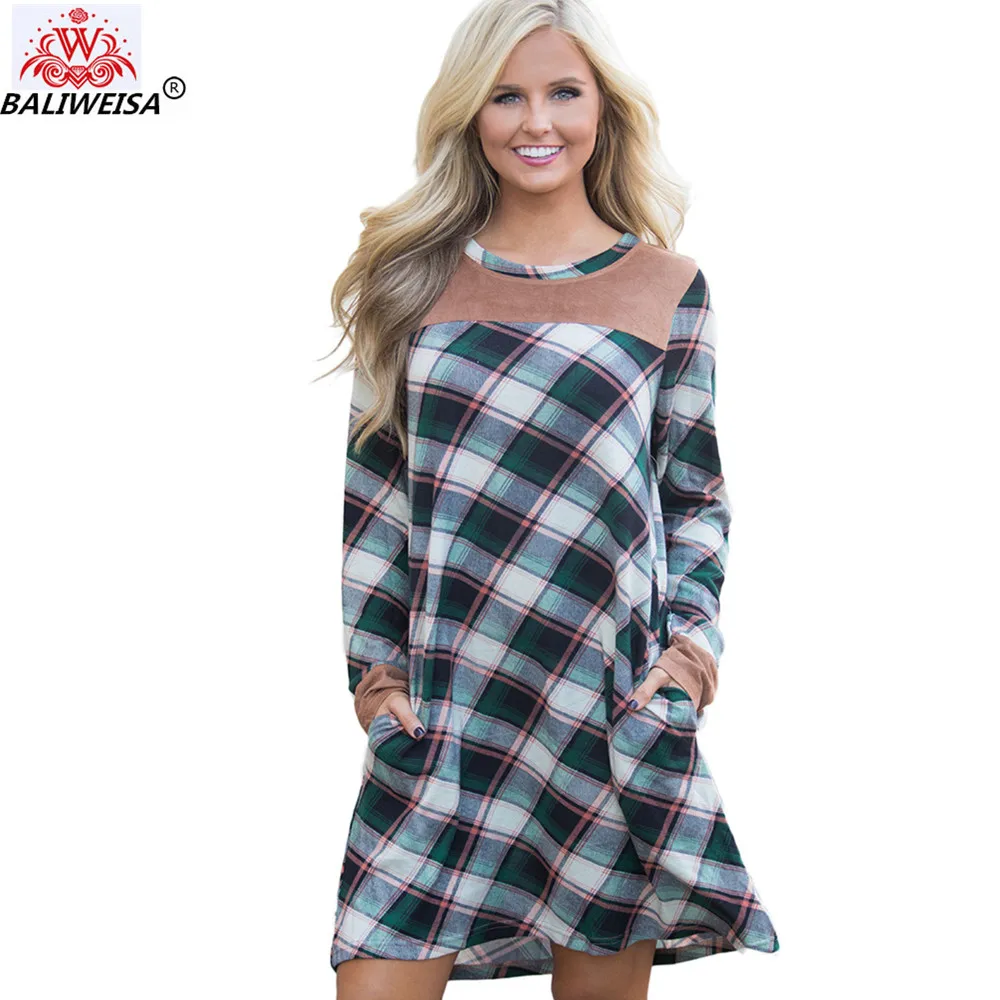 

BALIWEISA Fall Patchwork Cotton Dress Women 2019 Winter England Style Plaid Pocket Dresses O-Neck Long Sleeve Vintage Mini Dress
