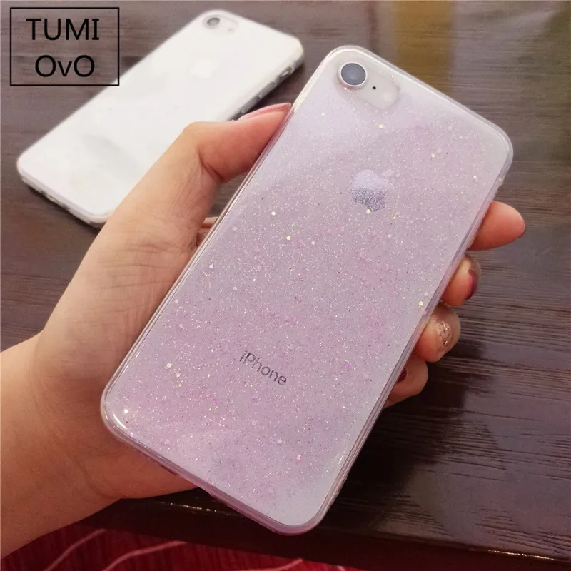 Simple Transparent Bling Glitter Stars Circle Cover TPU Phone Case For iPhone 6 6S 7 8 Plus X Xr Xs Nax Solf Silicone Phone Case