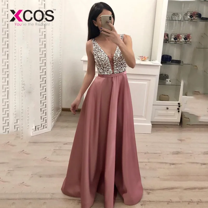 XCOS бисерное платье для выпускного v-образный вырез розовое вечернее платье без рукавов трапециевидной формы на завязке с открытой спиной Vestido