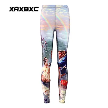 

New 3477 Sexy Girl Cartoon Beauty and the Beast Prints Elastic Slim Fitness Workout Women Leggings Trousers Pants Plus Size