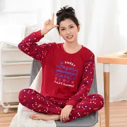 Женские пижамы из двух частей, корейские милые пижамы большого размера с длинными рукавами, весенние и осенние Хлопковые женские пижамные