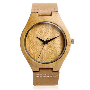 

YISUYA Wood Watch Mens Bamboo Brown Genuine Leather Band Strap Casual