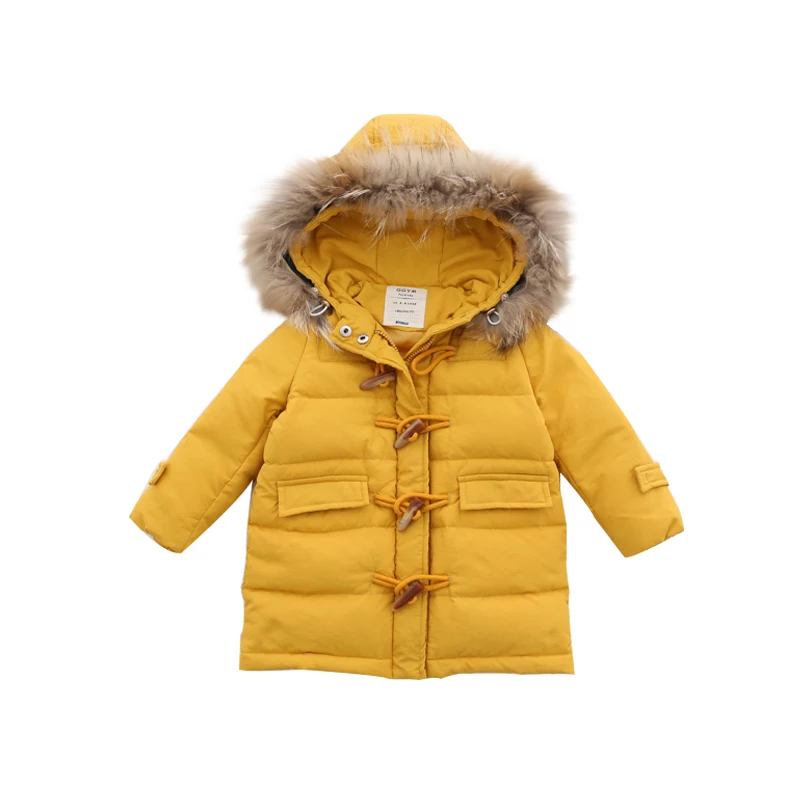 

Girls Winter 2018 Children Fur Collar Horn Buckle Jacket Baby Warm Thickening Long Down Jacket thickening warm Girls Winter Coat