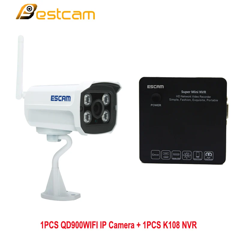 ESCAM QD900 WIFI 2MP HD 1080P Infrared Bullet Onvif Outdoor Waterproof IP66 IP Camera K108 8CH Mini NVR Network Video Recorder