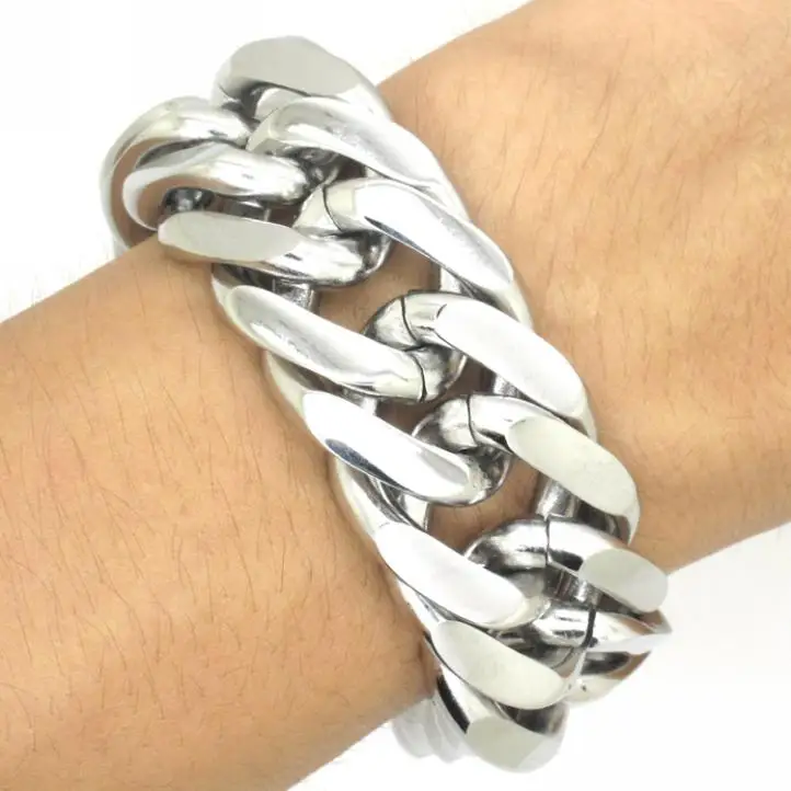 Мужские браслеты Нержавеющая сталь Серебряный тон 316L Нержавеющая сталь Снаряженная Кубинский браслет, 21 мм ШИРОКИЕ МУЖСКИЕ Обувь для мальчиков браслет ювелирных изделий