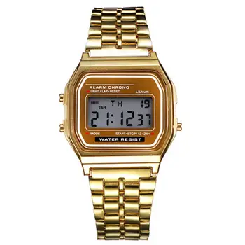 

Elegant Women Gold Retro Stainless Steel LCD Digital Sports Stopwatch Watch