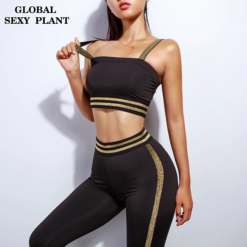2 piece set women suit crop top legging outfit stripes fitness