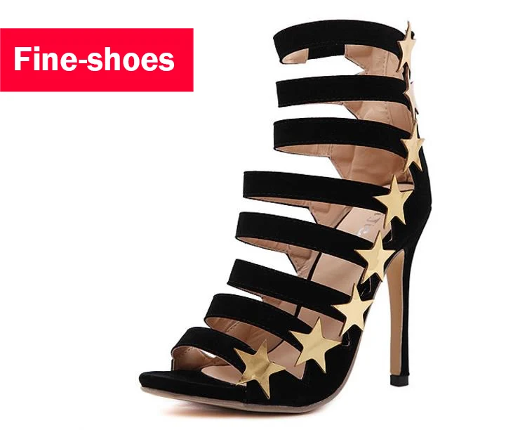 

2017 Fashion Summer Star Sandals Roman Shoes Zipper Flock Party Thin Heels Women Shoes Open Toe Ladies Shoes Hot Sale 429