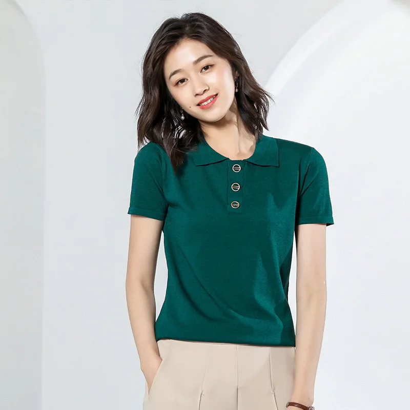 

BELIARST 2019 Summer New T-shirt Women's Ice Silk Half-sleeve Lapel Knit Wild Short-sleeved Pullover Shirt shirt Sweater