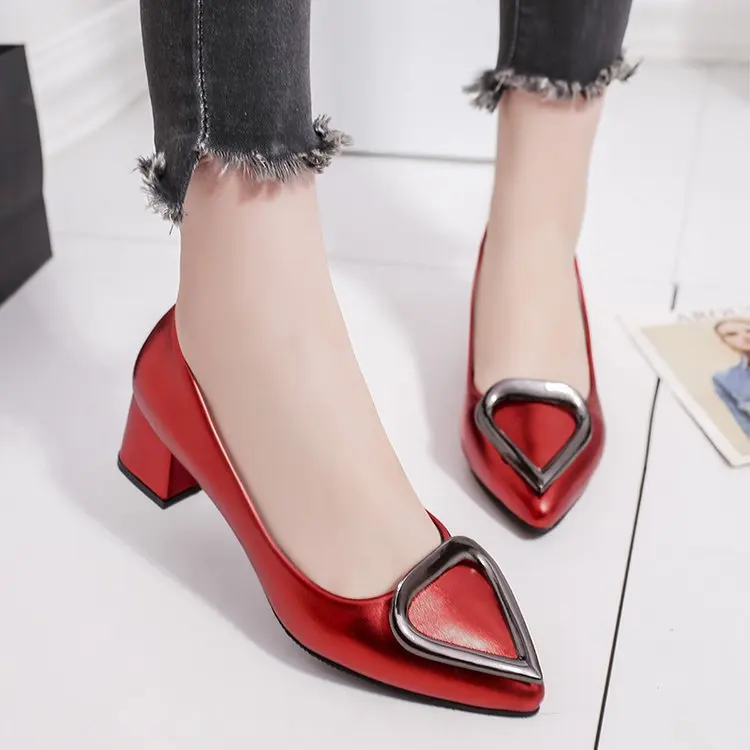 

New Women Pumps Shoes 5cm Thick High Heels Heart-shaped Buckle Pointed Toe Slip-On Shallow Solid Casual Female Shoes Plus Size