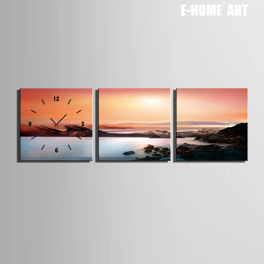 

Free Shipping E-HOME Coastal Setting Sun Clock in Canvas 3pcs wall clock