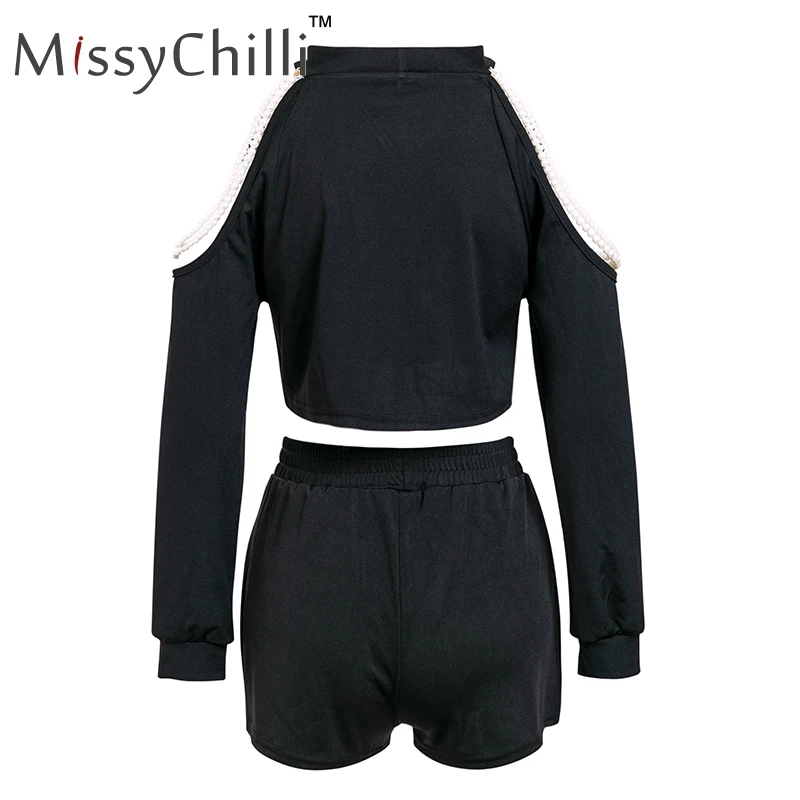 MissyChilli Black off shoulder halter pearl sexy jumsuit rompers Women summer two piece set Playsuit long sleeve club overalls