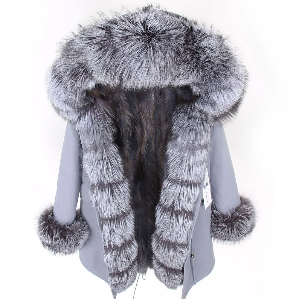 Maomaokong, уличное новое зимнее пальто, женское длинное пальто Parker, Воротник из серебристого лисьего меха, повязка на голову, уплотненная, съемная, енот, h