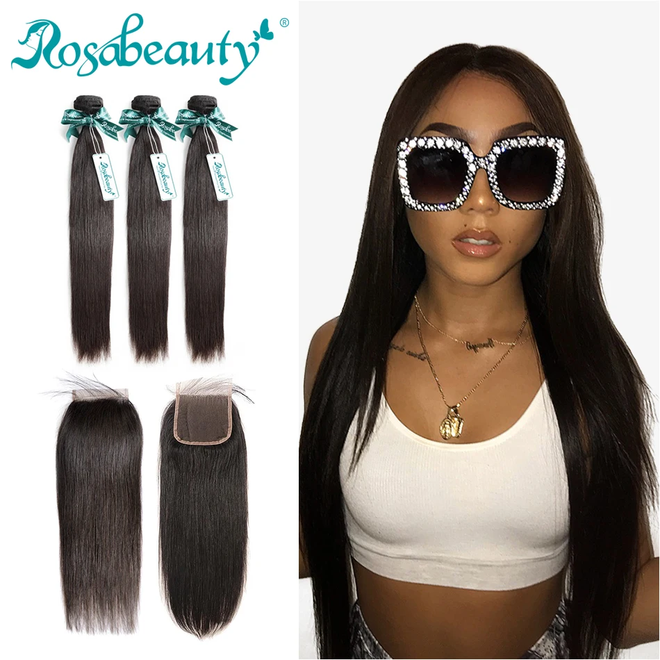 

Rosa Beauty Straight Peruvian Virgin Hair Bundle Human Hair Extensions 3 Bundles with Closure Nature Color Free Shipping
