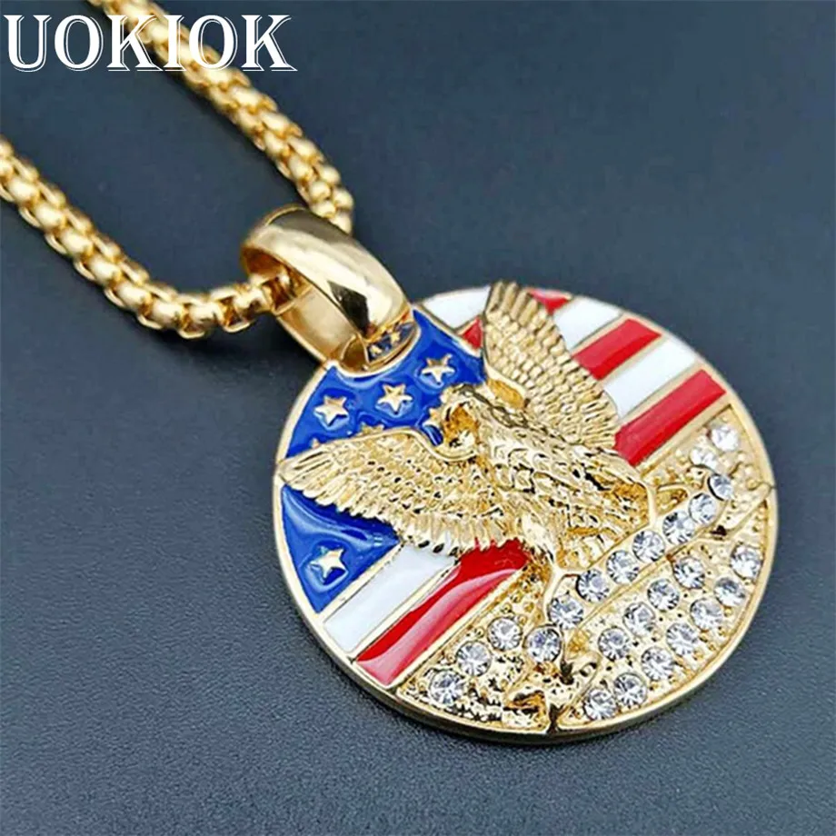 

Hip Hop Iced Out Round American Flag Pendant & Chain Gold Color Stainless Steel Dog Tag Jewelry Eagle Necklaces & Pendants