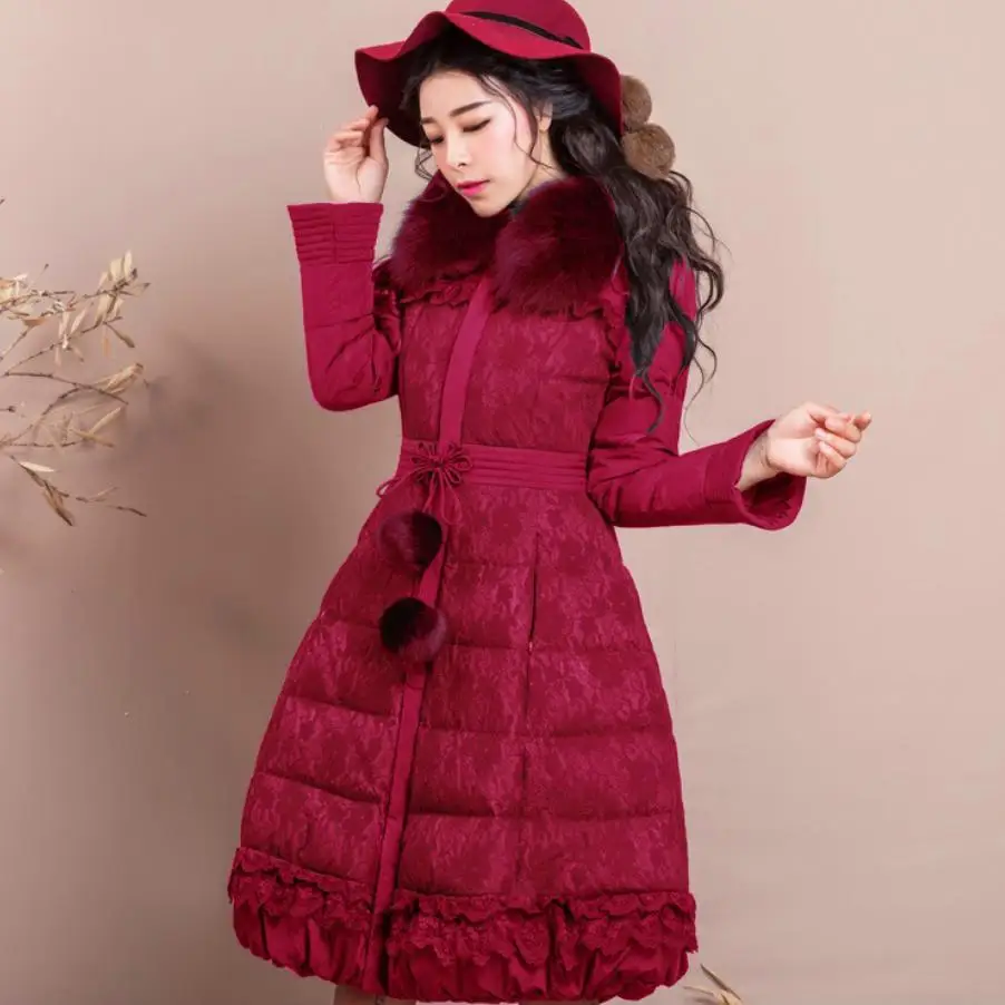 

plus size 3XL Winter Women vintage Slim white duck Down Overcoats Ladies Warm Fur Collar Long down Jackets