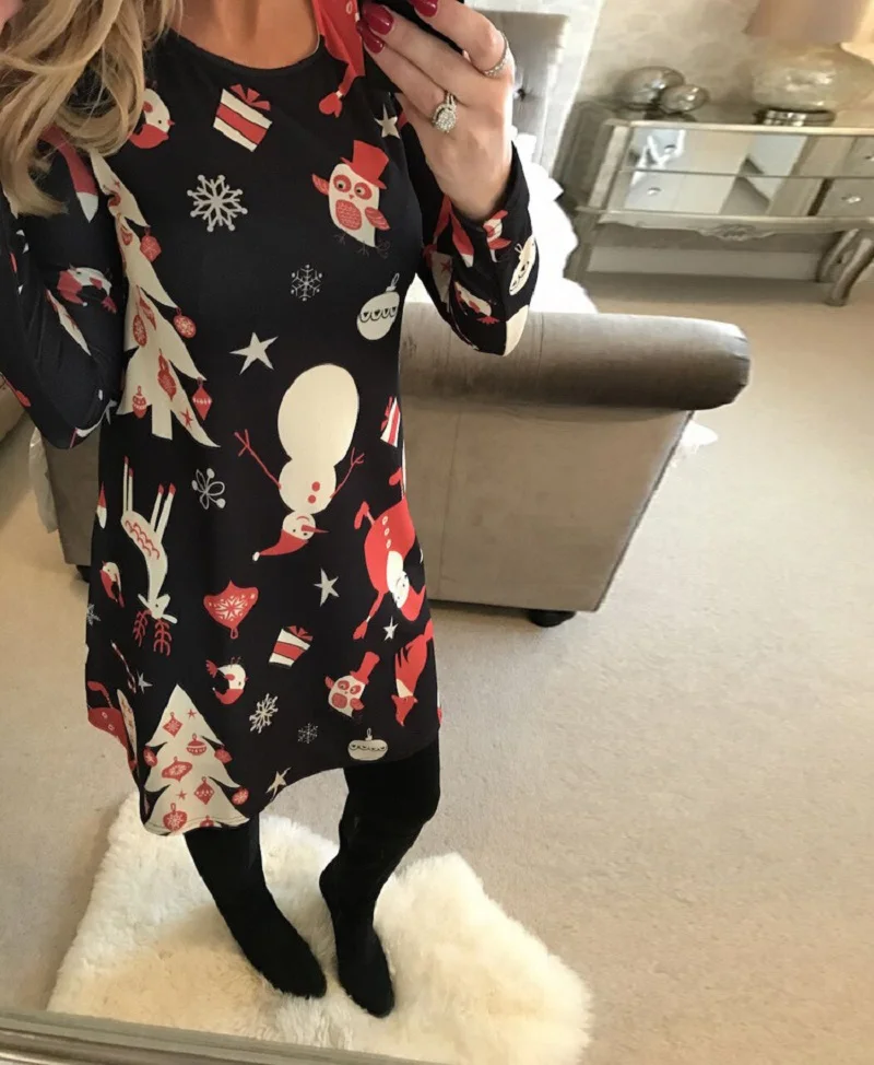 Elsvios Women Autumn Winter Christmas Dress New Year Long Sleeve Party Dress Snowman Print Mini Dresses For Parent-Kid Vestidos