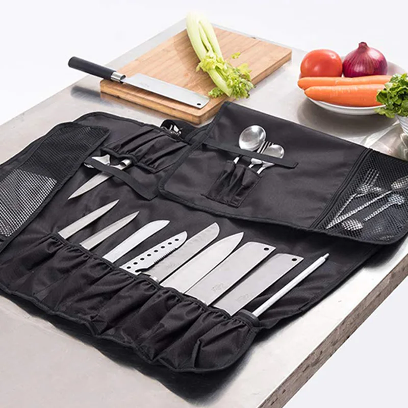 

Chef Cutlery Bag With 11 Slots Roll Bag Multi-function with Handle Shoulder Strap Mesh Holder 669