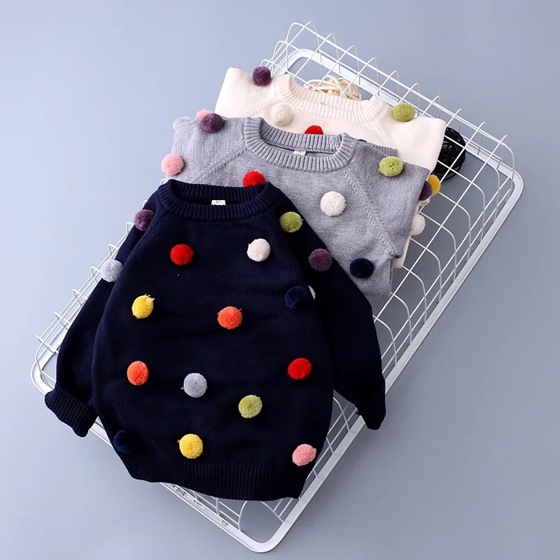 

Retail new autumn winter baby toddler girls boys fashion pom pom sweater kids pompom soft Cashmere sweaters baby girl clothes