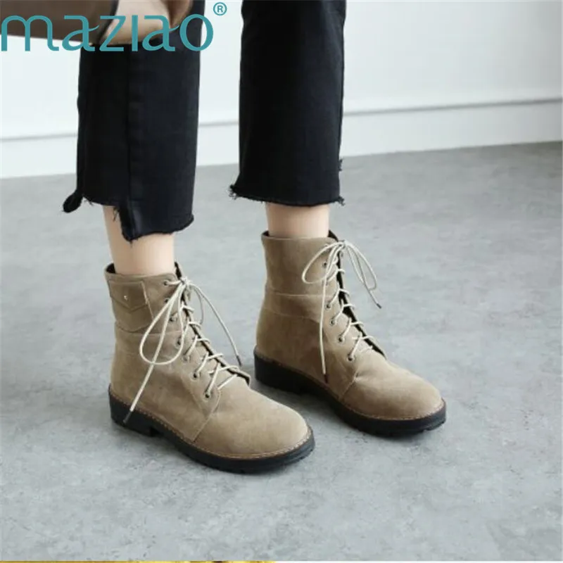 

Women Boots Suede Round Head Cross Straps Thick Heels Martin Boots Rubber Shoes Woman Winter 2019 MAZIAO