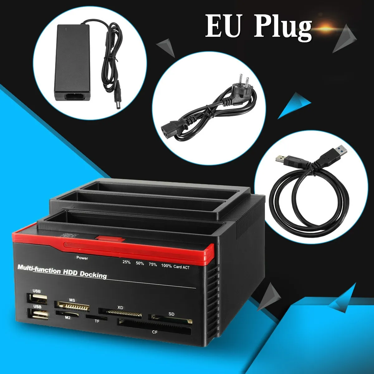 

2.5"/3.5" to 2 SATA Ports 1 IDE Port USB 3.0 External HDD Hard Drive Docking Station Card Reader Hub EU Plug