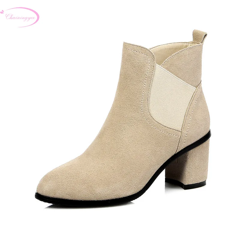 

Chainingyee leisure style comfortable nubuck genuine leather ankle boots stretch black beige high-heeled women's riding boots