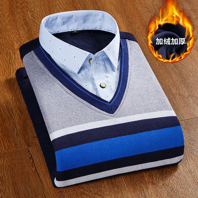 2018 Winter New Fashion Plush Thick Long Sleeves Fake Two Pieces Weather Male Young Korean Warm Shirt Collar Knitted Outwear