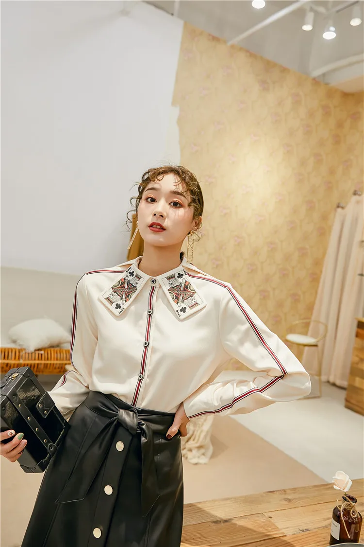 TANG женские рубашки на пуговицах с принтом покера дизайнерские узорчатые топы с длинными рукавами женская одежда Офисная Женская блузка