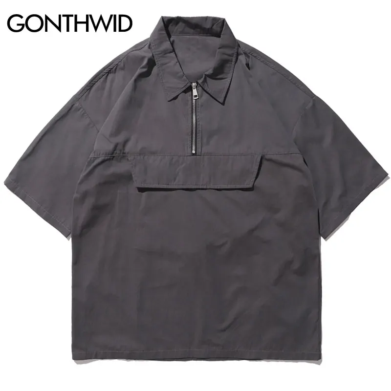 GONTHWID, хип-хоп, передний карман, короткий рукав, рубашки, уличная, мужская, повседневная, половина молнии, пуловер, рубашки, мужская рубашка с отложным воротником