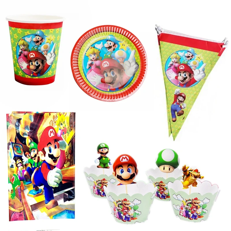 

55Pcs Super Mario Theme Tableware Set Birthday Party cake topper Decor Plates Cups tablecloth Cover Baby Shower Banner pennant