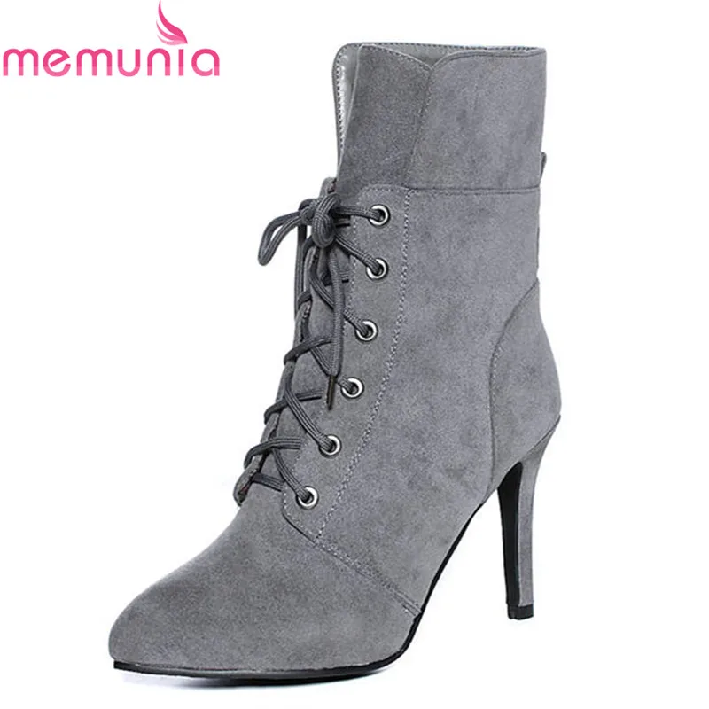 

MEMUNIA 2018 top quality autumn winter boots women pointed toe ankle boots lace up fashion stiletto heels dress shoes woman